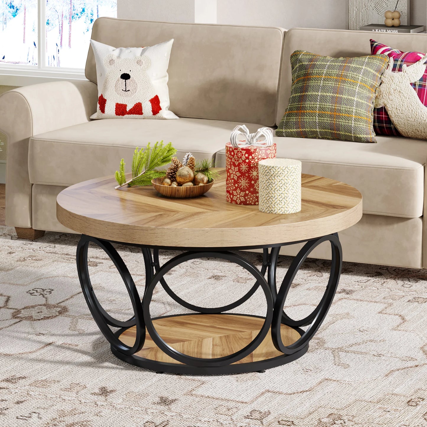 Round Coffee Table with Storage Shelves - 31.7" Industrial 2-Tier Circle Table