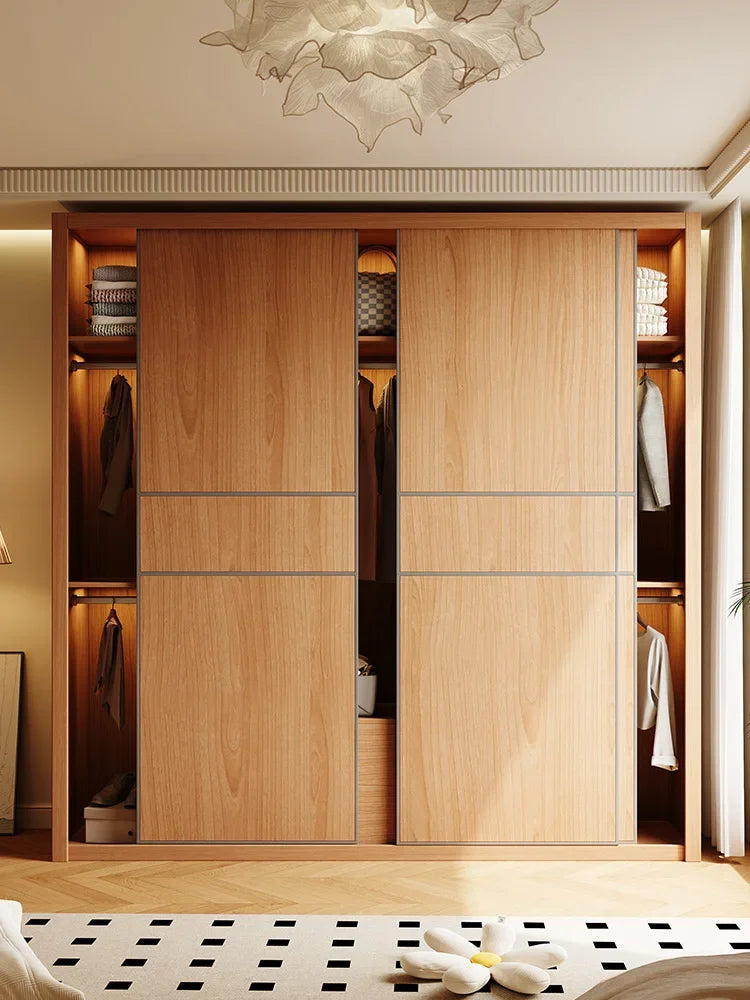 Premium All solid wood oak sliding door wardrobe 2025 popular home bedroom Nordic log sliding door wardrobe