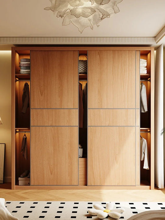 Premium All solid wood oak sliding door wardrobe 2025 popular home bedroom Nordic log sliding door wardrobe