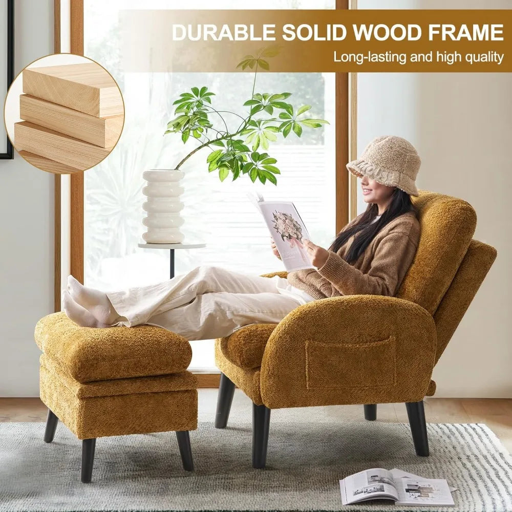 Mustard Yellow Chenille Accent Chair with Ottoman - Reclining Armchair