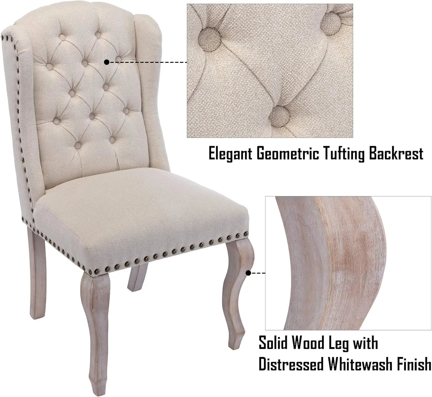 Elegant Dining Chairs Set of 2 with Solid Wood Legs and Tufted Wingback for Kitchen and Living Room