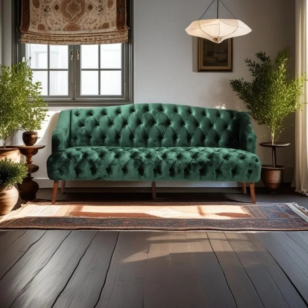 Modern Emerald Velvet Loveseat Sofa with Tufted Curved Back, Comfy Upholstered 2-Seater Sofa with Brown Birch Legs