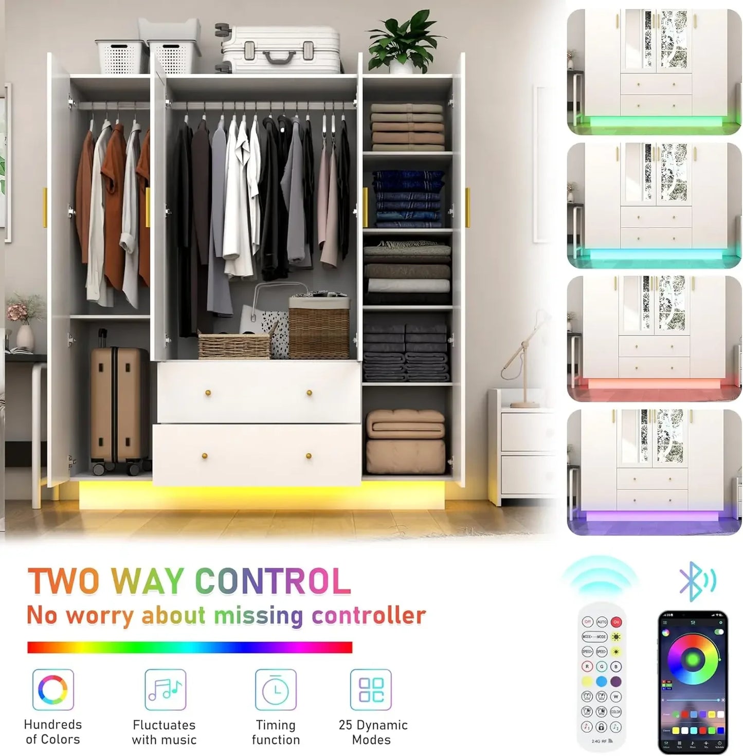 4 Door Wardrobe Closet with Mirrors and LED Lights, Bedroom Armoire with Drawers and Shelves, Modern Wooden Armoire Wardrobe