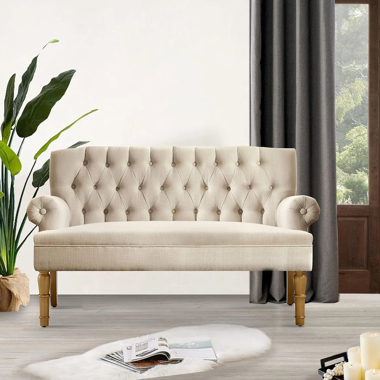 Loveseat Sofa 59": Button Tufted Linen with Rolled Arms & Gold Legs