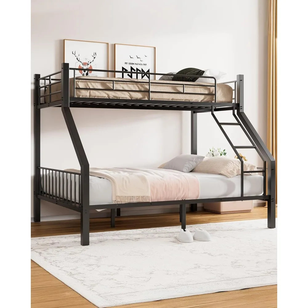 Metal Bunk Bed Frame - Twin XL Over Queen with Safety Ladder and Guardrails