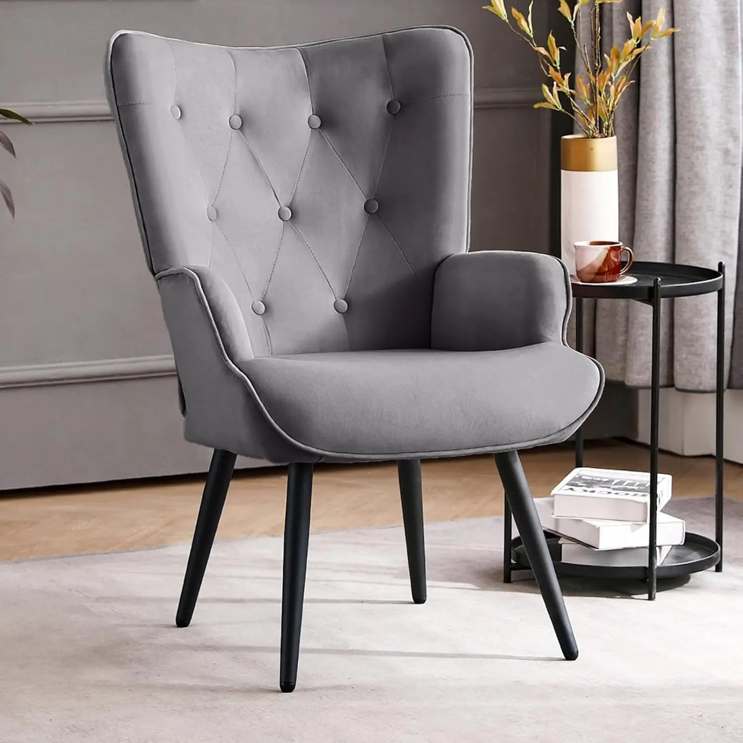 Velvet Accent Chair for Living Room, Upholstered Reading Chair with High Backrest, Tufted-Button Wingback Armchair f