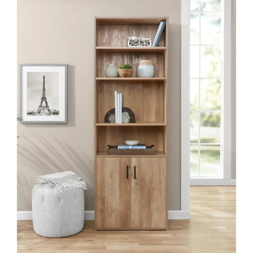 Bamboo Bookcase 5 Shelf with Doors - Adjustable Shelves Storage Cabinet for Office and Living Room