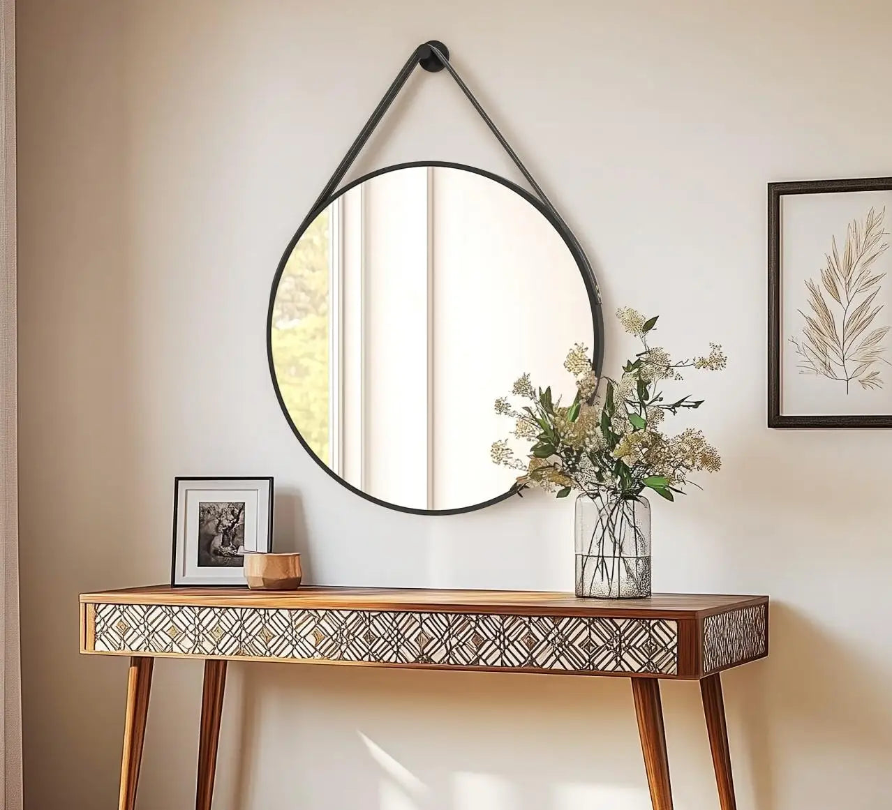 Round Wall Mirror with Brushed Aluminum Frame and Leather Strap - 60/70/80cm