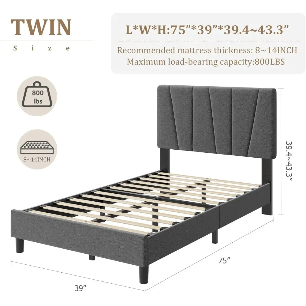 Twin Size Platform Bed Frame with Adjustable Upholstered Headboard