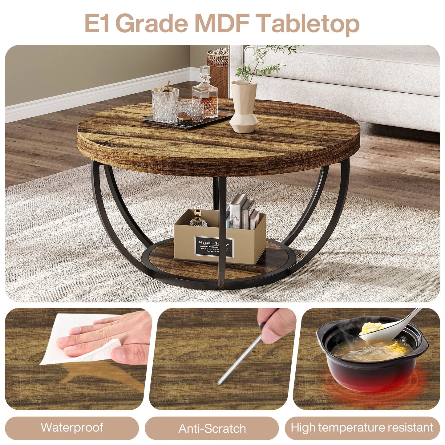 Round Coffee Table with Storage Shelves - 31.7" Industrial 2-Tier Circle Table
