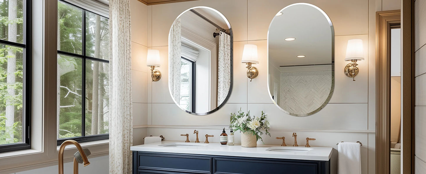 Frameless Long Oval Bathroom Vanity Mirror Silver Glass Wall Decor Mirror with Beveled Edge for Bathroom Entryway