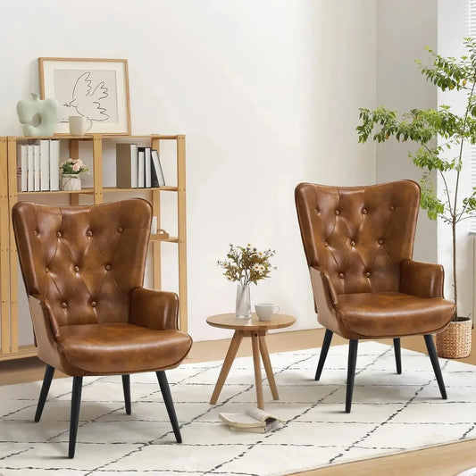 Accent Chairs Set of 2, Brown PU Leather Chair Reading Chair Armchair with High Backrest, Wingback Corner Chair for Living Room