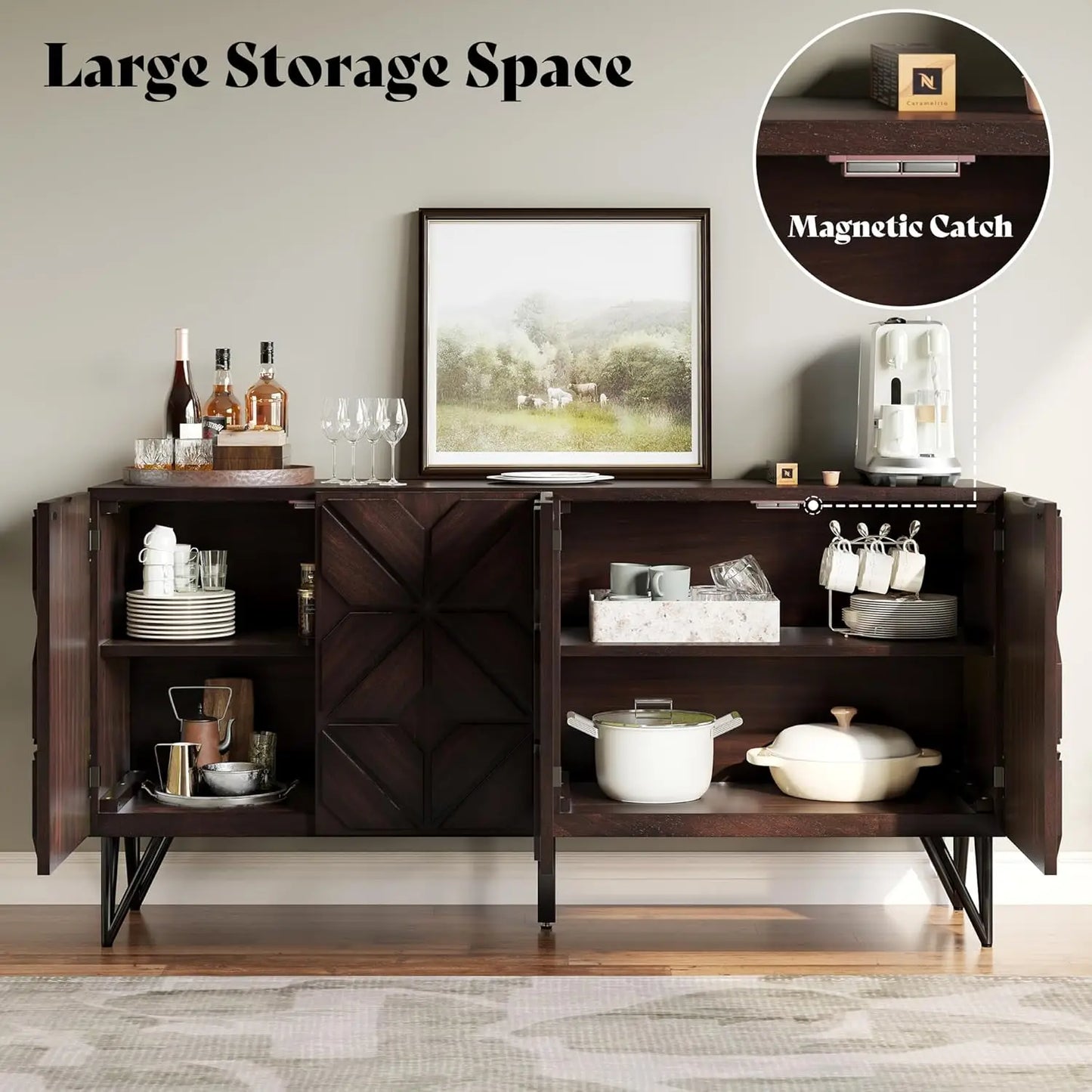 Sideboard Buffet with Hand-Carved Geometric Doors - Console Cabinet, 63"