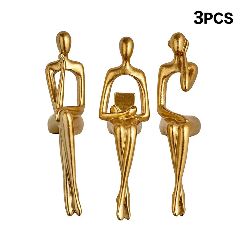 1/3Pcs Abstract Thinker Figure Sculpture Gold Resin Home Office Decor Small Ornament Abstract Statue