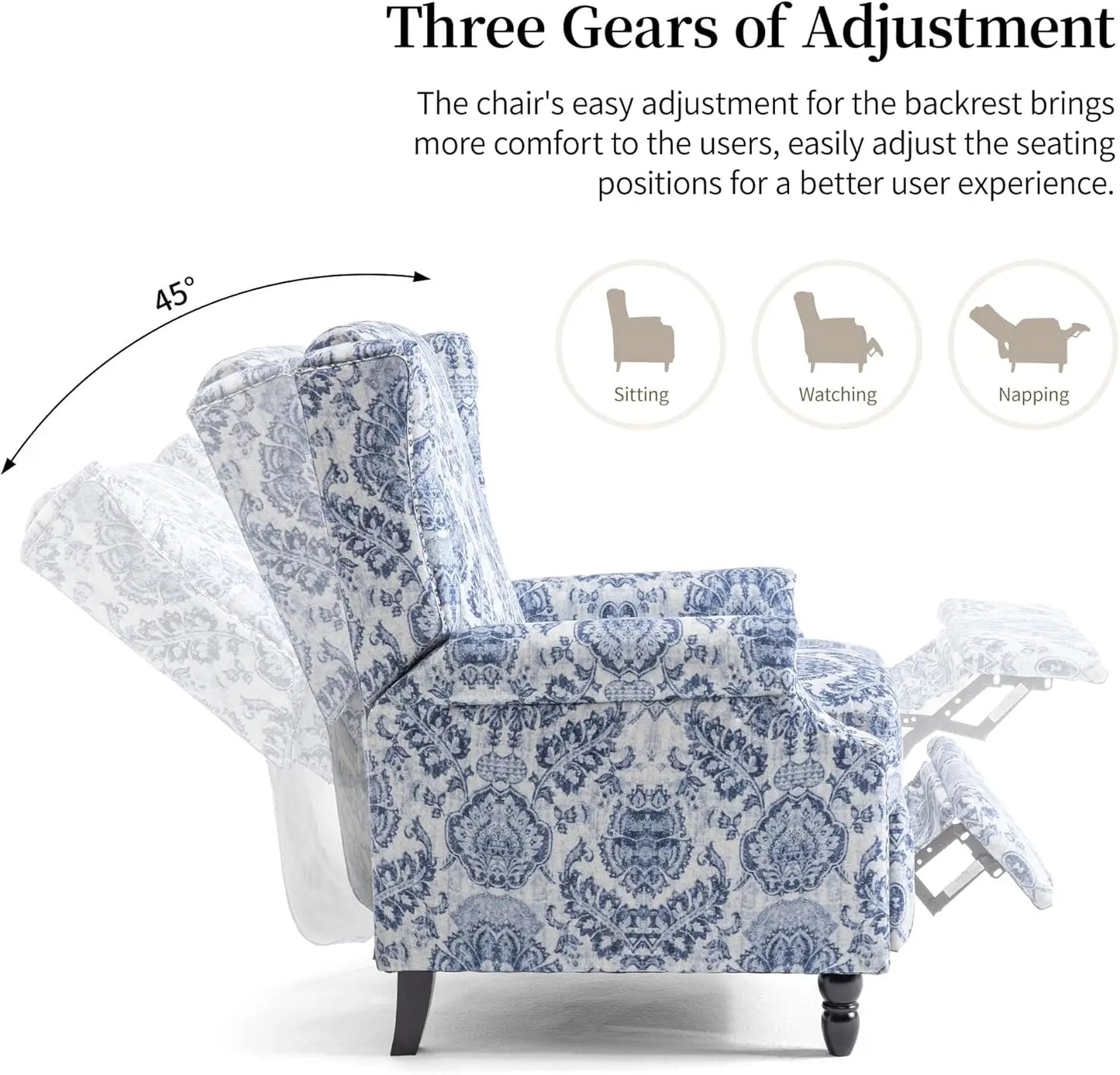 Pushback Recliner Chair, Floral Fabric Wingback Recliner Chair, Upholstered Armchair Push Back Recliner, Rivet Trim S