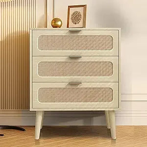 QHITTY Drawer Dresser Set of 2, Rattan Chest of Drawers with 3 Drawers Dresser, Accent Storage Cabinet Modern Bedside Table for