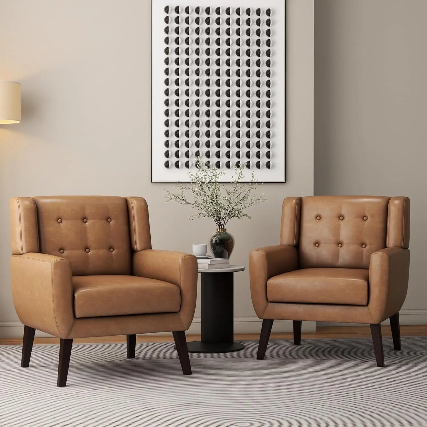 Mid-Century Modern PU Leather Armchair, Brown Solid Wood Frame Club Chair for Living Room, Bedroom, Waiting Room (Set of 1)