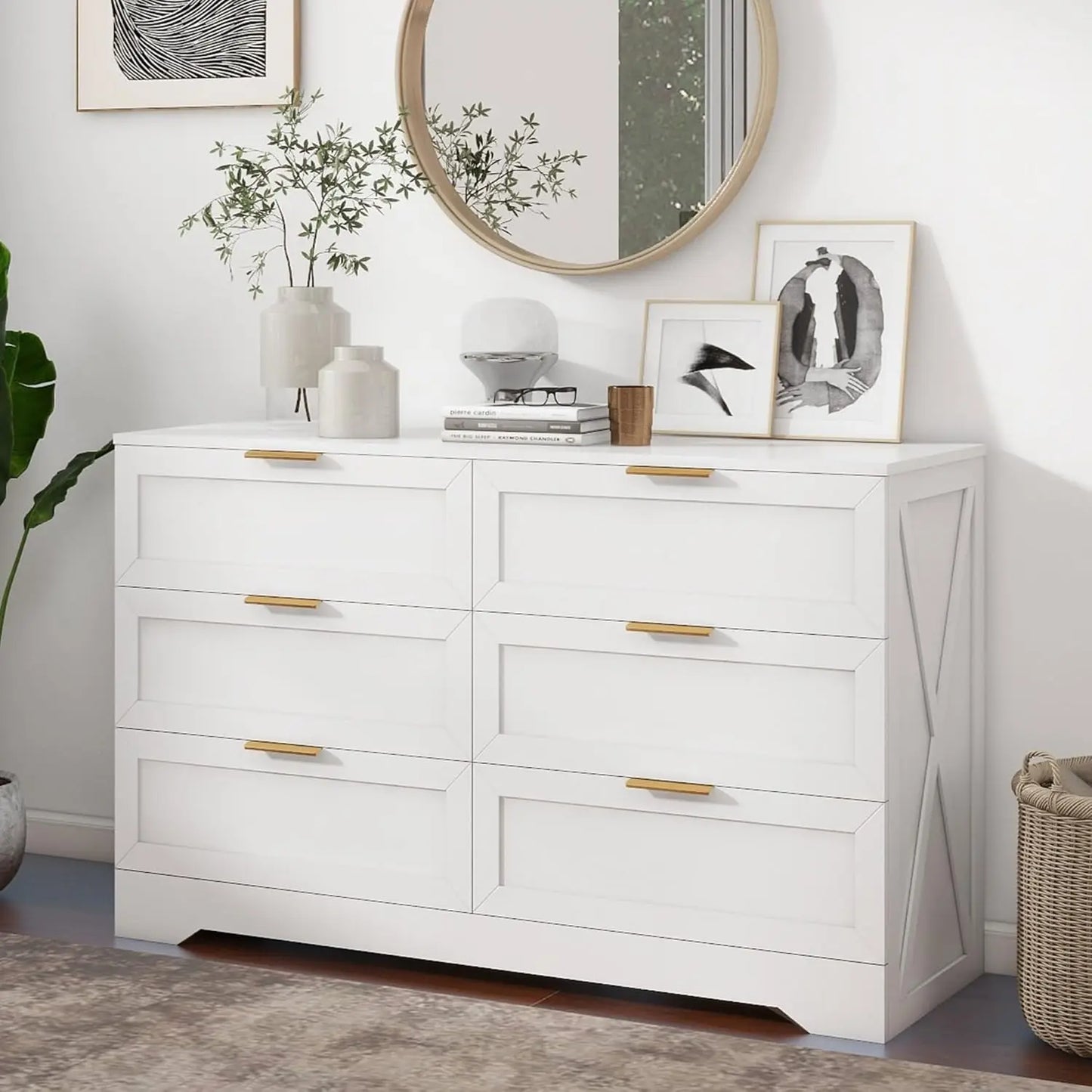 White 6-Drawer Dresser with Rose Gold Handles, Modern Wooden Storage Unit