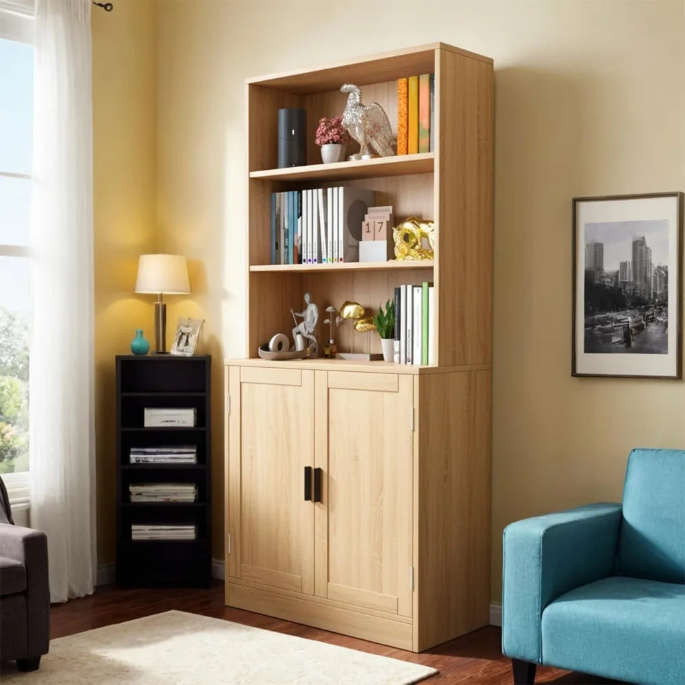 5-Tier Tall Bookcase with Doors - Wood Display Shelf, 75"