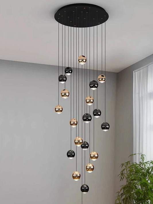 Chandelier: Multi-Drop Cluster with Metallic Globe Pendants in Black & Gold
