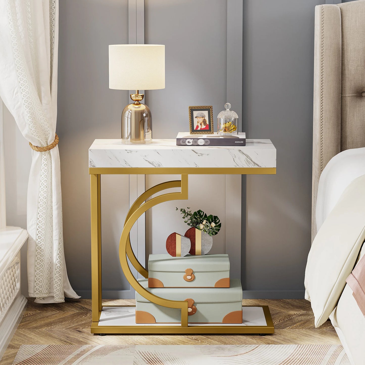Tribesigns Narrow Side Table White Gold Side Table C Shaped End Table Modern Bedside Table Small Side Table for Couch