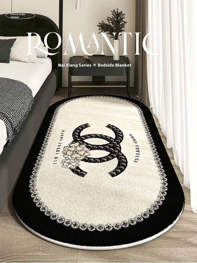 Designer-Inspired Oval Bedroom Rug - Luxury Logo Design with Lace Border