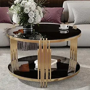 31.5" Modern Round Glass Coffee Table, Glass Side Table End Table with Circular Metal Drum Base, Tea Table with Gold Finish & Lo