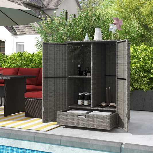 Outsunny Outdoor Wicker Towel Rack for Pool W/ Drawer & Cabinet, Dark Gray