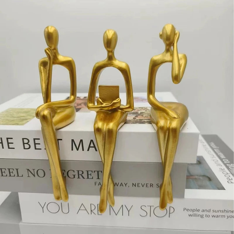 1/3Pcs Abstract Thinker Figure Sculpture Gold Resin Home Office Decor Small Ornament Abstract Statue