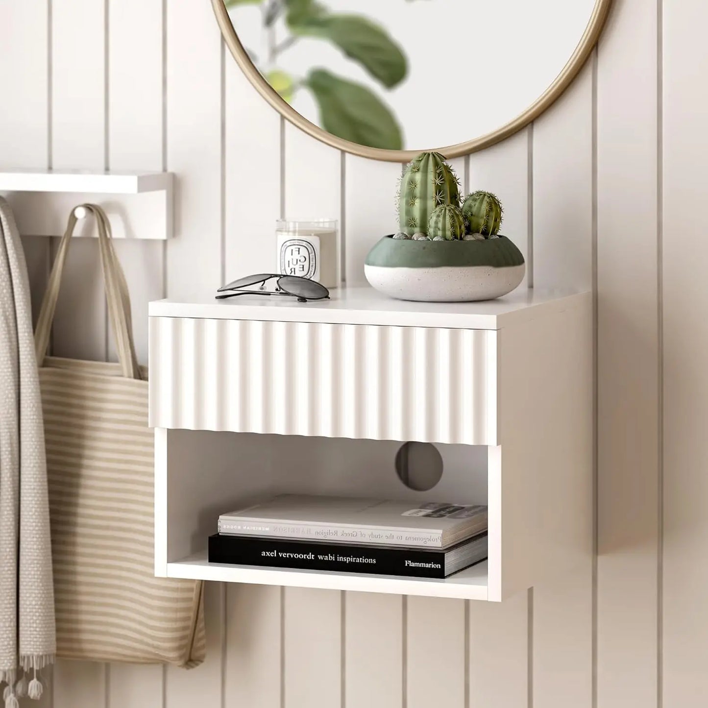 Floating TV Stands with Drawer and Open Shelf, Small Wall Mounted Bedside End Table, Modern Fluted Night Stand for Bedroom