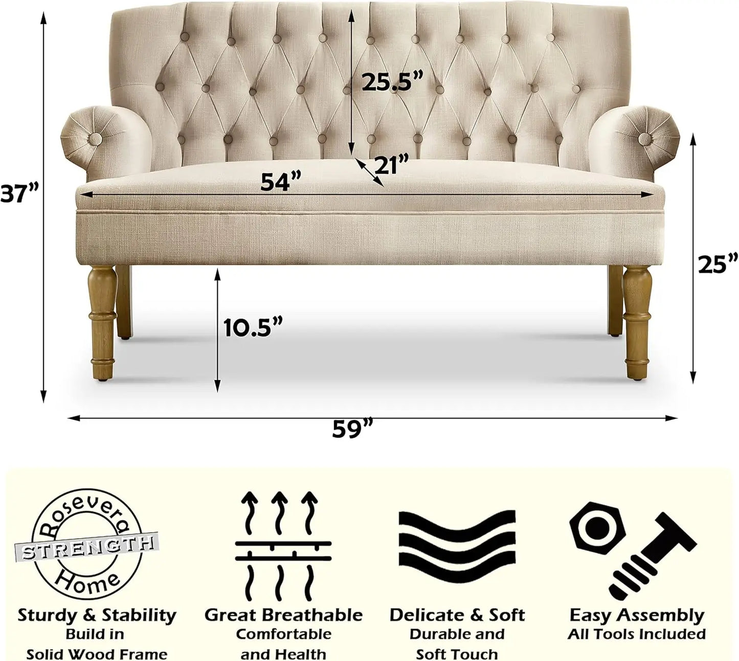 Rosevera Celino Loveseat - Sofa for Living Room, Couch in a Box, Love Seat Furniture, Linen, Beige
