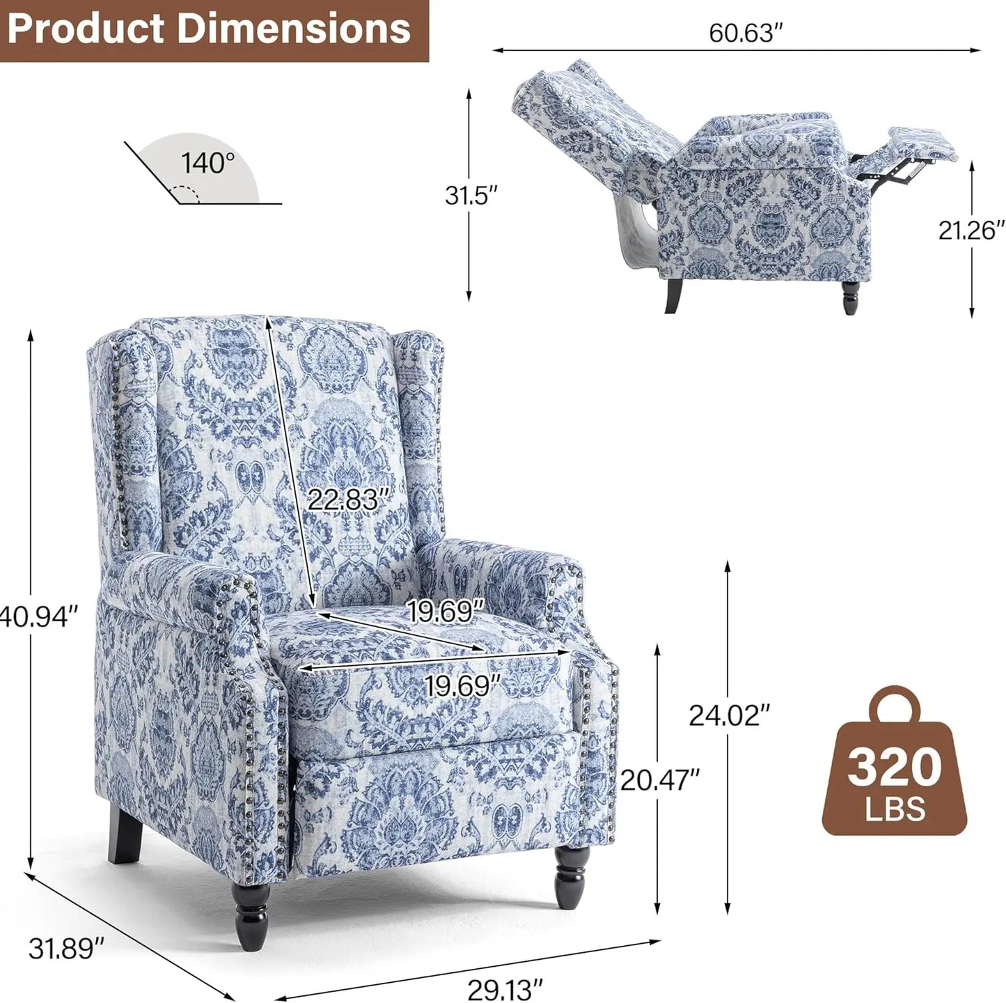 Pushback Recliner Chair, Floral Fabric Wingback Recliner Chair, Upholstered Armchair Push Back Recliner, Rivet Trim S