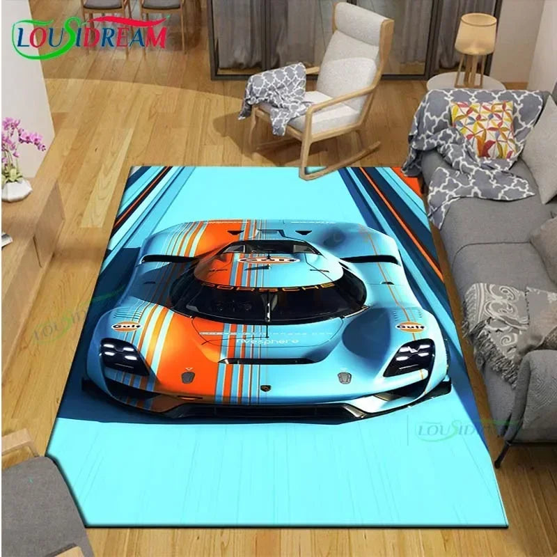 Gulf Racing Digital Print Area Rug - Anti-Skid Racing Stripe Design