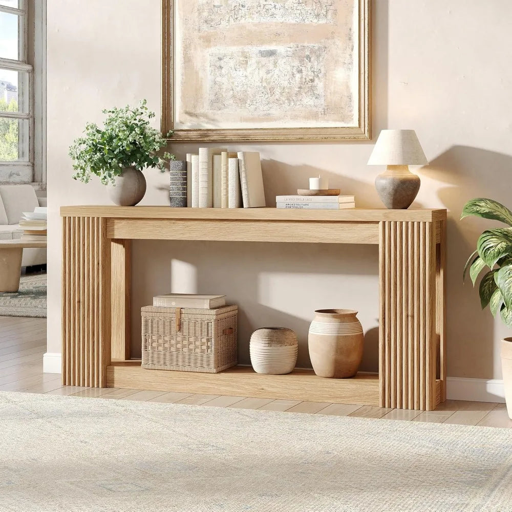 Farmhouse Style 71 Rectangular Console Table with Fluted Wood and Storage, Ideal for Entryway or Behind Sofa
