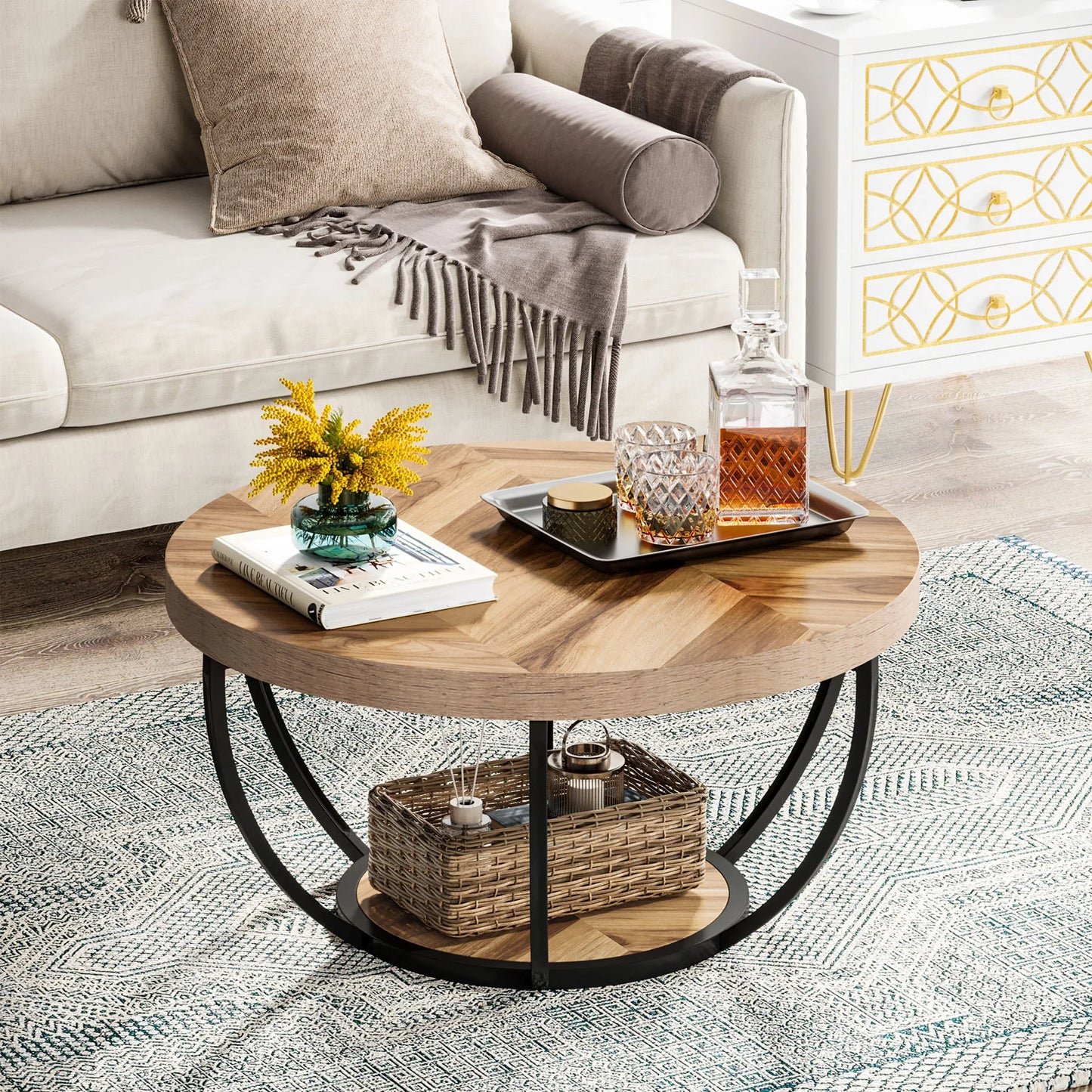 Round Coffee Table with Storage Shelves - 31.7" Industrial 2-Tier Circle Table