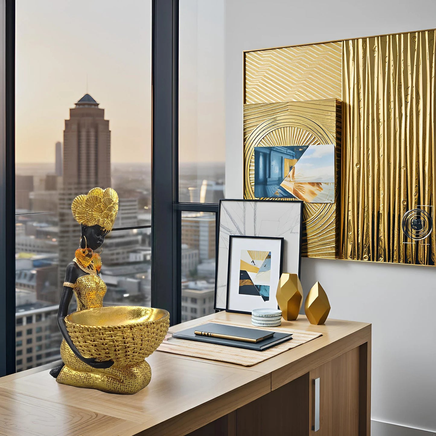 African Tribal Statue - Tribal Lady Figure Sculpture Tray,Coffee Table/Office/Shelf/Living Room Handmade Home Decor(Gold)