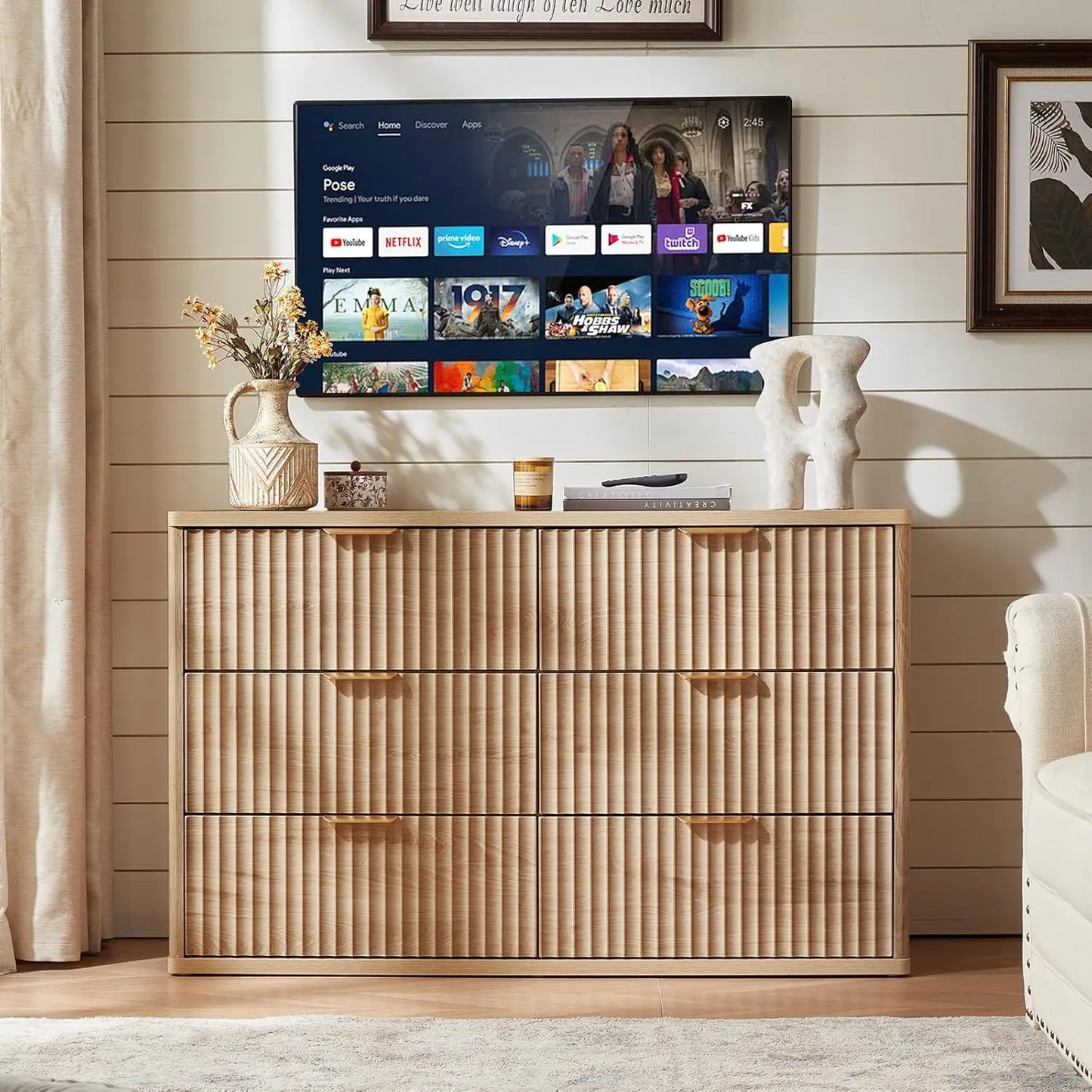 Fluted 6 Drawer Dresser with Metal Handles - Natural Wood Finish