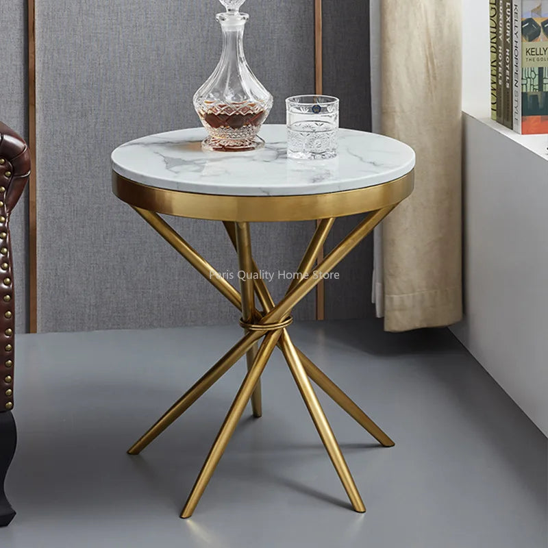 Italian Light Luxury Marble Gold Plated Brushed Round Small Coffee Table Stainless Steel Sofa Side Small Coffee Table