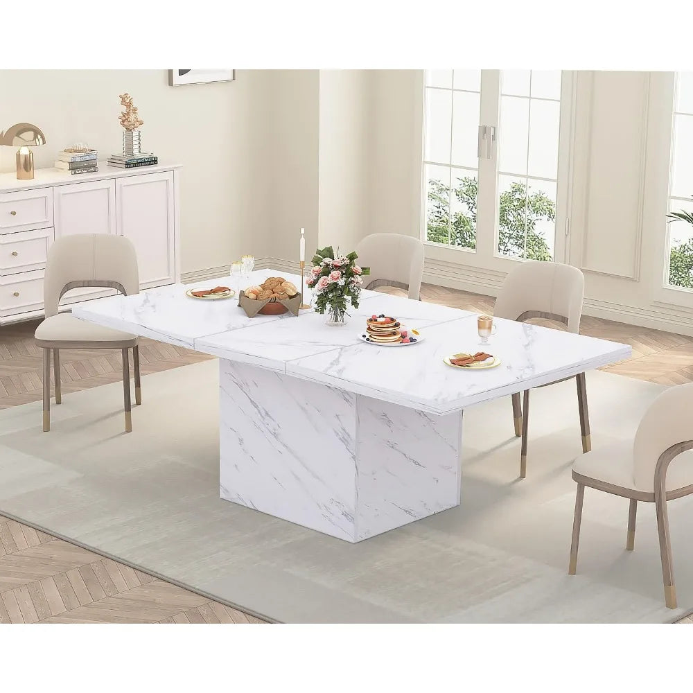 White Faux Marble Dining Table, 63 inch Modern Dinner Table for 6 People, Farmhouse Rectangle Kitchen Table for Living Room, La