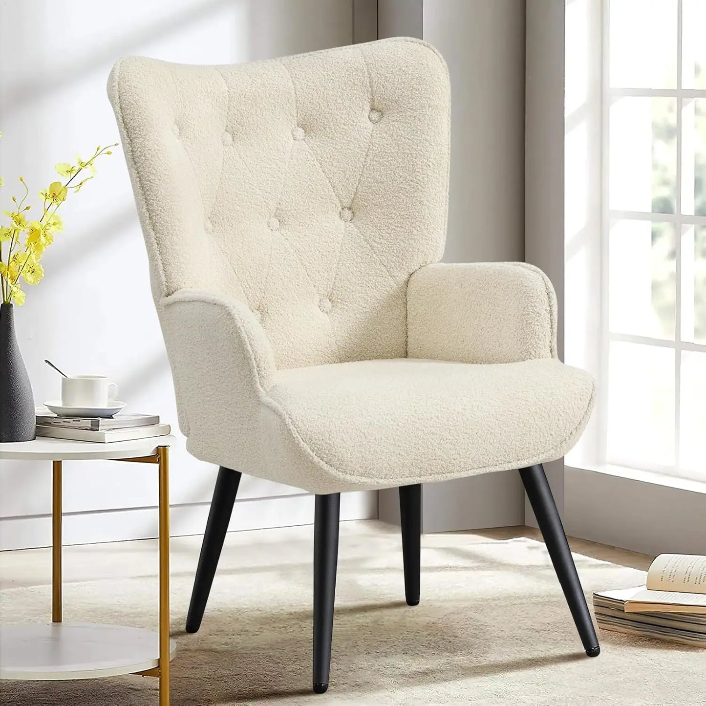 Velvet Accent Chair for Living Room, Upholstered Reading Chair with High Backrest, Tufted-Button Wingback Armchair f