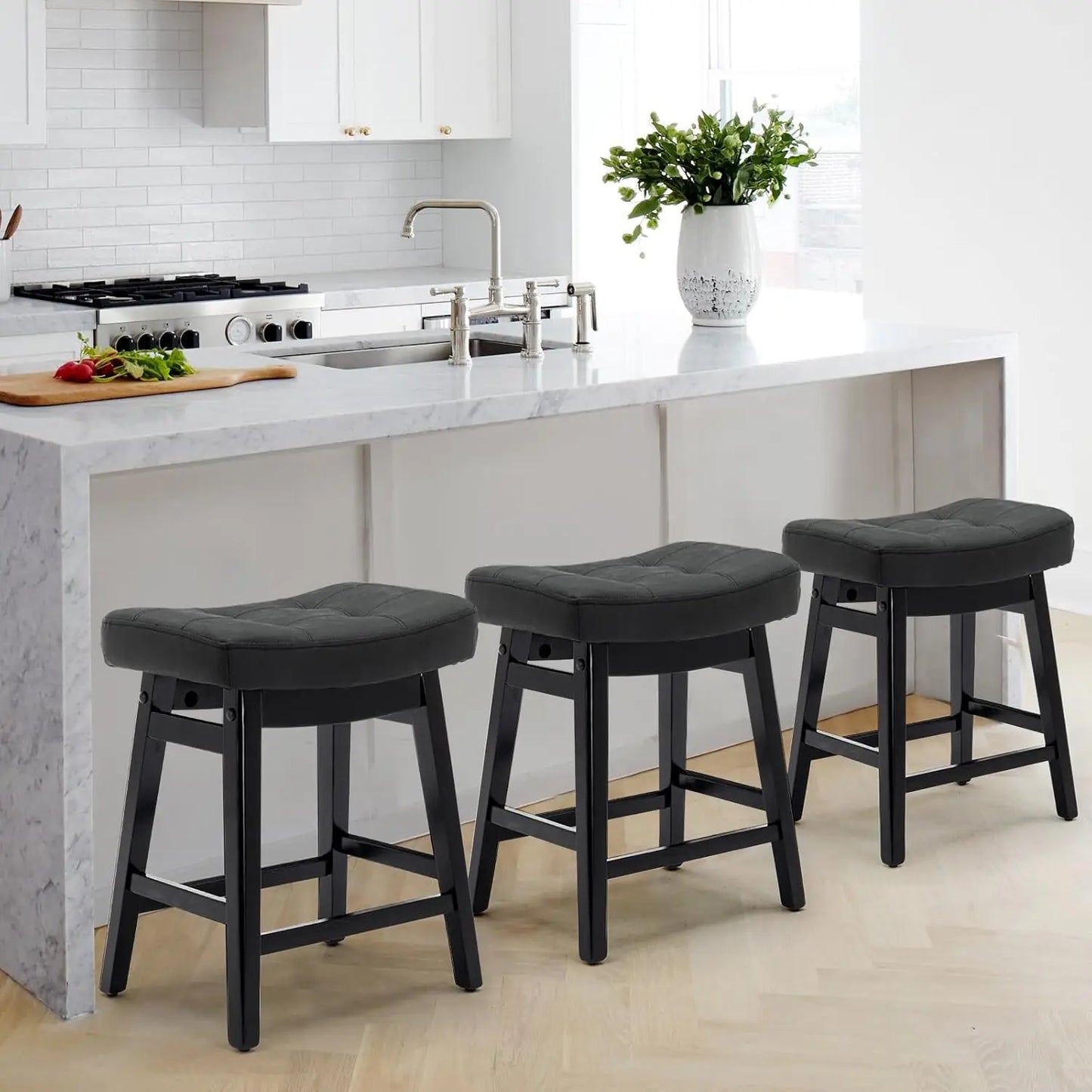 Counter Height Bar Stools Set of 3, Barstools with Upholstered Leather Saddle Seat and Solid Wood Legs 24 Inch Kitchen