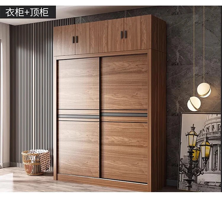 Nordic Wardrobe Bedroom Simple Glass Sliding Door Walnut Color Cabinet Sliding Door Wardrobe