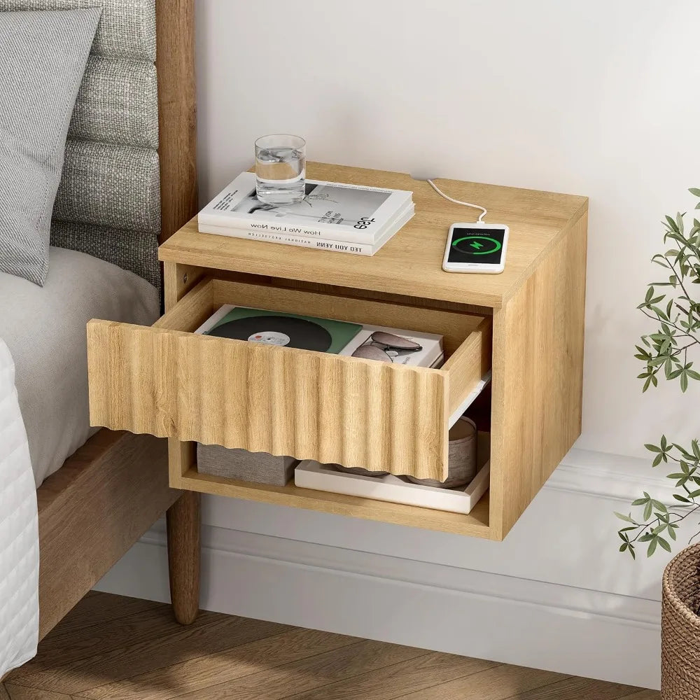 Floating TV Stands with Drawer and Open Shelf, Small Wall Mounted Bedside End Table, Modern Fluted Night Stand for Bedroom