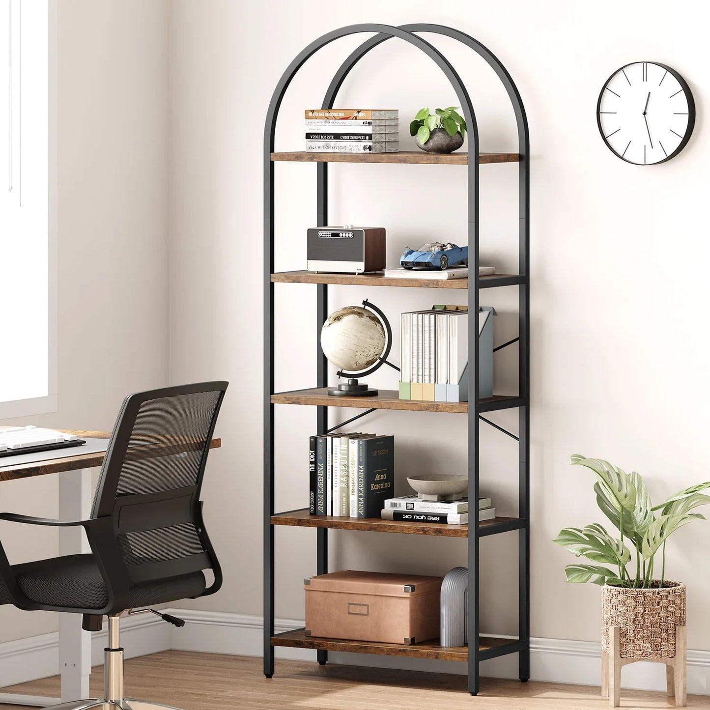 5-Tier Arched Bookshelf - Industrial Freestanding Display Rack, 180cm