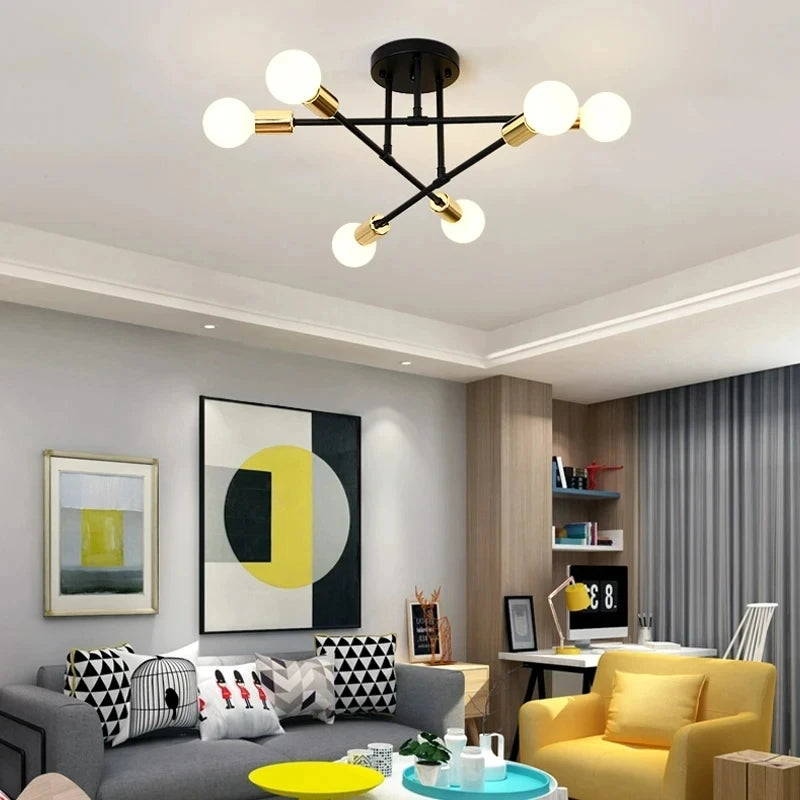 Ceiling Light: Modern Sputnik Semi-Flush Mount in Gold with 6 Lights
