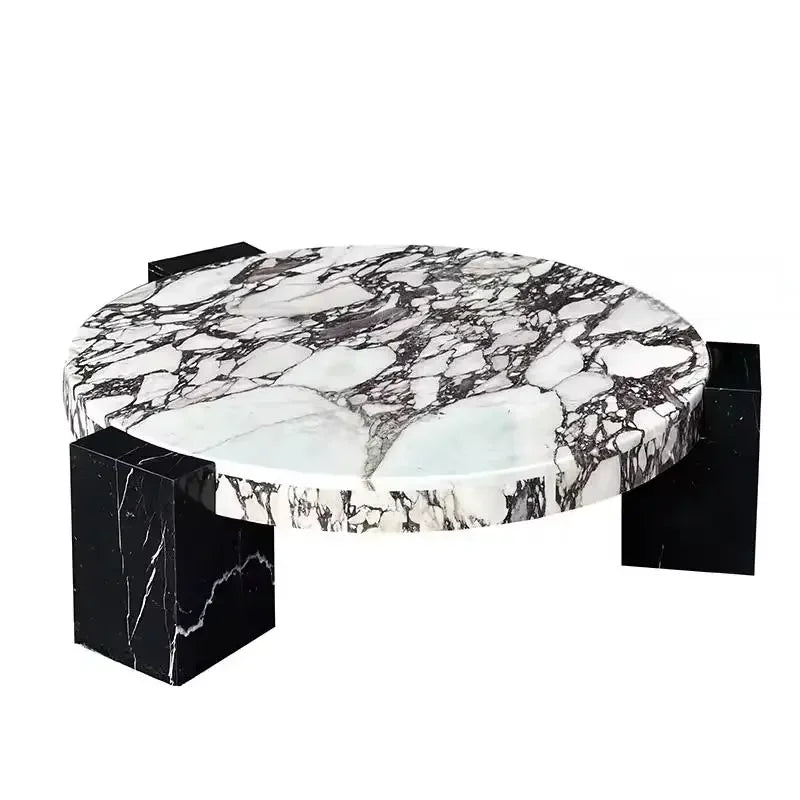 100% Pure Calacata Viola Marble Round Coffee Table with Black Marquina Base - Luxury Living Room Center Table for Home Decor