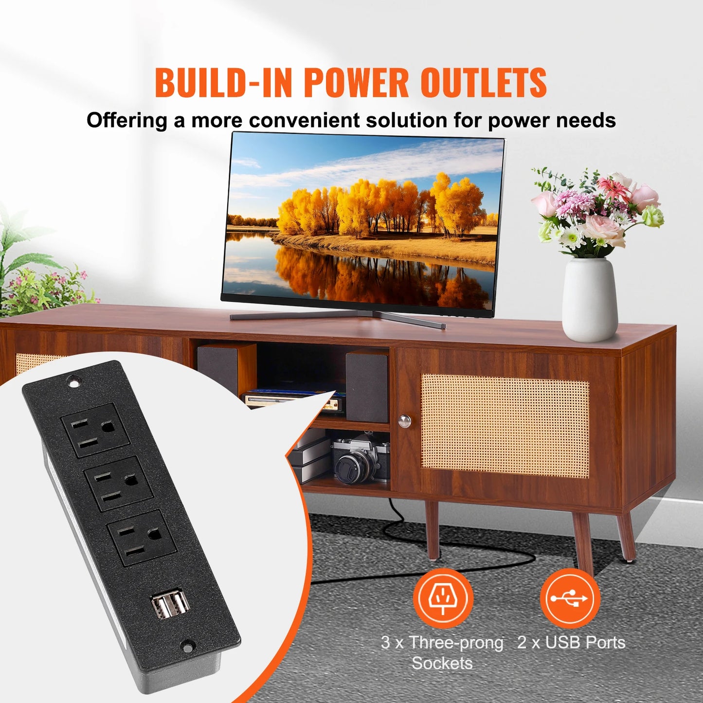 Rattan TV Stand Mid Century Modern TV Stand with Build-in Socket USB Ports Adjustable Shelfs for Living Room Media Room