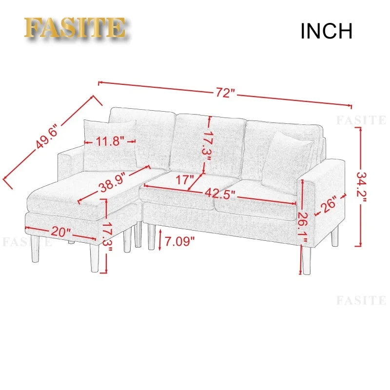 Living Room Sofa, 72" Sectional Sofa With 2 Pillows In Navy Blue Fabric On Left Hand Side Interior Decoration