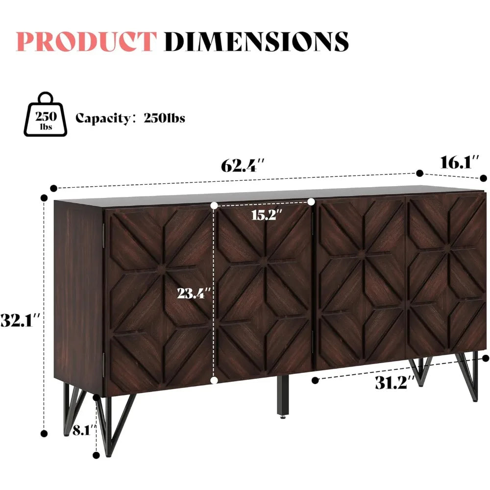Sideboard Buffet with Hand-Carved Geometric Doors - Console Cabinet, 63"