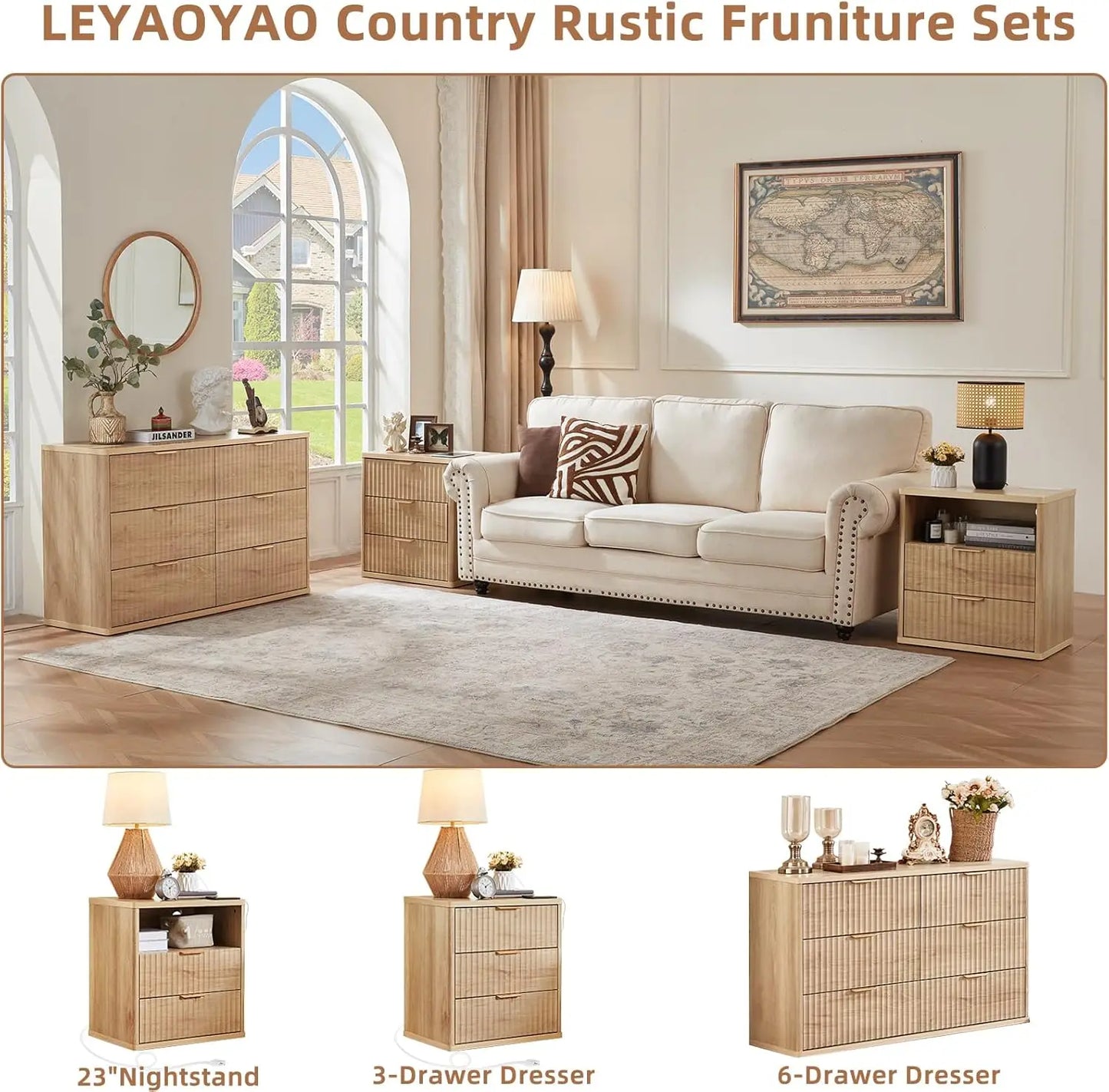 Fluted 6 Drawer Dresser with Metal Handles - Natural Wood Finish